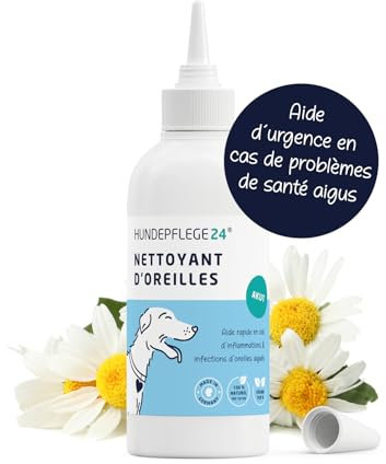 Hundepflege24 Nettoyant Oreille Chien Intense - Super Puissant en Cas d'inflammations & infections - Gouttes d'oreilles Naturelles pour Chiens avec du piroctone olamine, de la Camomille & l'aloe Vera
