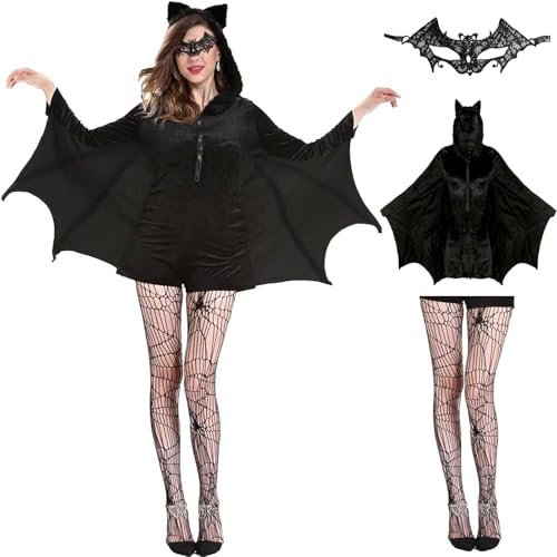 SHOWHEEL Costume de chauve-souris pour femme avec collants en résille noir, masque pour les yeux en dentelle, costume d'Halloween pour femme, costume de chauve-souris pour femme adulte, cosplay