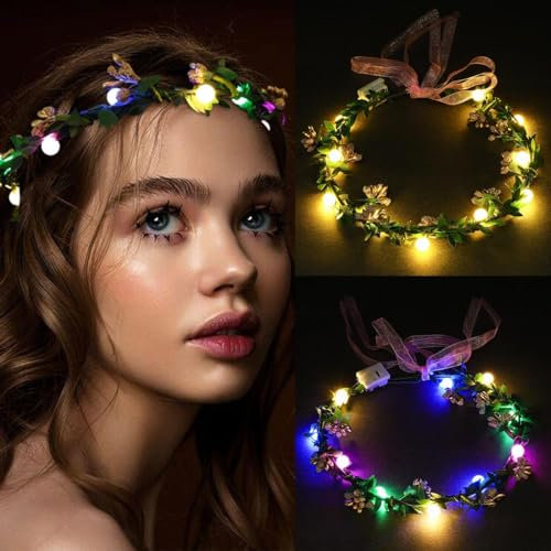 Yean LED Fleur Couronne Bandeaux Lumineux Bandeau Glowing Fleur Couronne Coiffe Festival Fête Rave Cheveux Accessoires pour Femmes et Filles (Lot de 2) (perle)