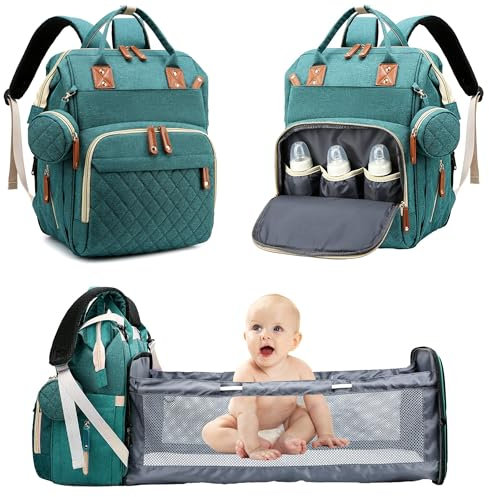Fexkean Wickeltasche Rucksack Baby Wickelrucksäcke mit Großer Reisewindeltasche mit faltbarem Kinderbett mit Multifunktions Babytaschen Wickelauflage Babybettrucksack-Green