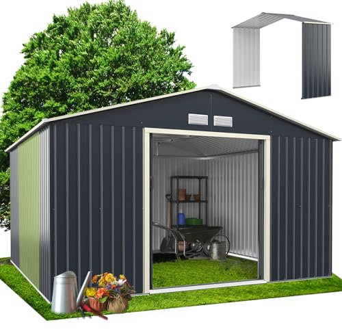 RELAX4LIFE Abri de Jardin Métal 10m2 avec Abri d'Extension Porte Coulissante, Cabane de Jardin Extérieur 340x319x210cm Outils de Jardin résistant aux intempéries