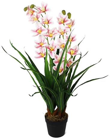 Arnusa Künstliche Orchidee in Gräser Kunstgras Dekogras 85 cm mit 33 Blüten Kunstpflanze künstliche Pflanze Kunstorchidee (Weiß)