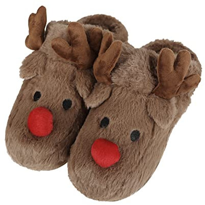 TCNGKIJIUK Hausschuhe Damen Herren Pantoffeln Winter Elch Hüttenschuhe Gefüttert Warm Slippers Rutschfest Weihnachten Hausschuhe Niedlich Heimschuhe Weich Gemütlich Winterhausschuhe für Drinnen Braun