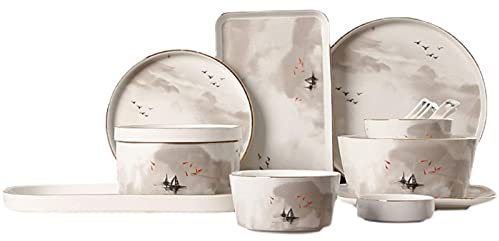 Classic Pottery Tableware,Ceramics Dinnerware Set, Chinese Style Landscape Painting Porcelain Dinner Set of 48 Cereal Bowl and Steak Plate Set for Family Dinner