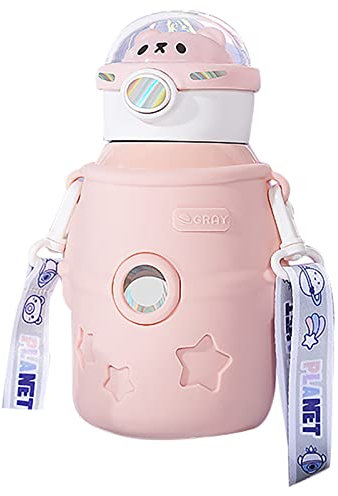 Botella De Agua Con Pajita Aislada De Acero Inoxidable, Botella De Agua Con Pajita De Oso Kawaii Grande De 500 Ml Con Correa Para El Hombro Botella Para Beber Al Vacío A Prueba De Fugas(rosa)