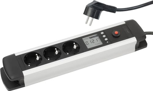 revolt Mehrfachsteckdose: 3-Fach-Alu-Steckdosenleiste mit Stromverbrauchszähler und LCD-Display (Echtzeit-Stromzähler, Haushalts-Wattstundenzähler, Tischsteckdose)