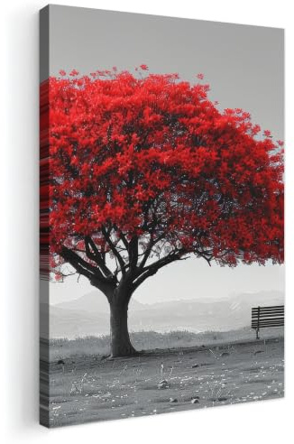 MuchoWow© Leinwand Bilder Klein Mini Wanddeko Wohnzimmer Aesthetic Room | 20x30 cm - Decor Deko Zimmer Wandbilder Modern Bild auf Baum - Rot - Natur - Schwarz und Weiß