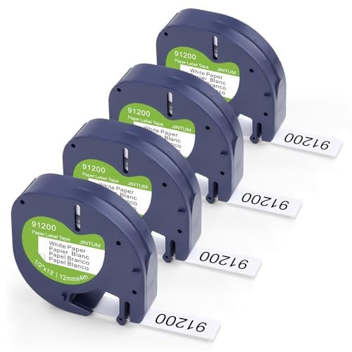 4X Kompatible für Dymo LetraTag Tape 91220 91200 Paper White Tape 12mm x 4m Ersatz für Letratag Etikettenband Papier Weiß für Dymo LT110T LT100H LT100T QX50 XR XM, S0721520 Schwarz auf Weiß