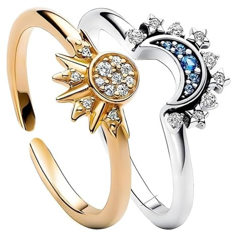 Zeayebsr 2pcs Verstellbare Herz Ringe, Silber, Schmuckring, Ringe für Paare, Freundschaftsringe, Sonne und Mond Ring, Geschenke für Frauen