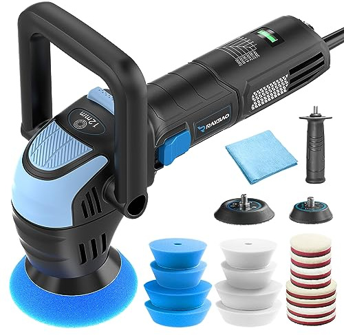 RAYBAO Mini lucidatrice, lucidatrice per auto da 5,1 cm/7,6 cm, 750 W, con orbitale casuale da 12 mm, migliora l'efficienza del lavoro del 35%, 16 cuscinetti trapezoidali, cavo da 5 m, lucidatrice DA