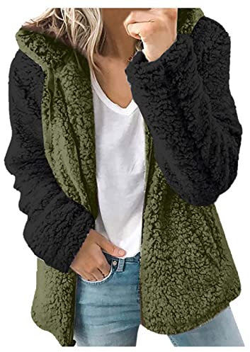 Giacca da donna a maniche lunghe, con cappuccio, per donna, foderata in pile, termica e pelosa, cardigan con cappuccio, X-450 Army Verde Lime, XL