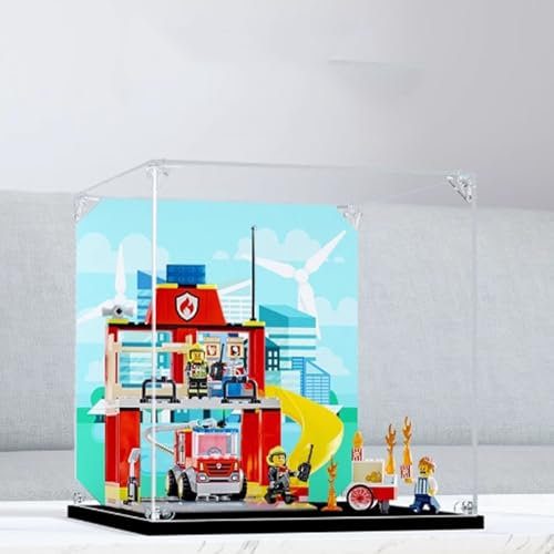 Transparente Acryl-Vitrine für Lego 60375 Feuerwehrstationen und Feuerwehrauto-Modell, transparente Box, Aufbewahrungsbox, Displaybox, kompatibel mit 60375 Modell. (nur Displaybox) (schwarzer Sockel)
