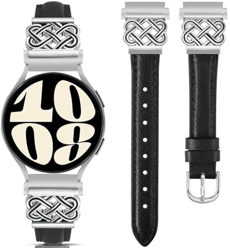TOYOUTHS Lederarmband kompatibel mit Samsung Galaxy Watch 7 6 5 4 Active 2 FE 40mm 44mm/Watch 6 Classic/5 Pro 45mm/4 Classic Damen, 20mm Elegant Schmales Weich Leder Armband, Schwarz/Silber