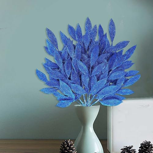 10PCS Kunstzweig Weihnachtsdeko Kunstpflanze Weihnachtsblätter Zweig Glitzernde Eichenblätter Dekozweig mit Glitzern, Länge 32CM Künstliche Blätter (Blau)