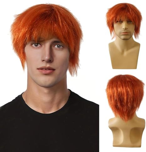 UILYNIU Mens Wig Ginger Wig Men Short Orange Boyband Fancy Dress Punk Rock Star 60s 70s 80s Costume Accessories for Party Music Punk Carnival (Orange)