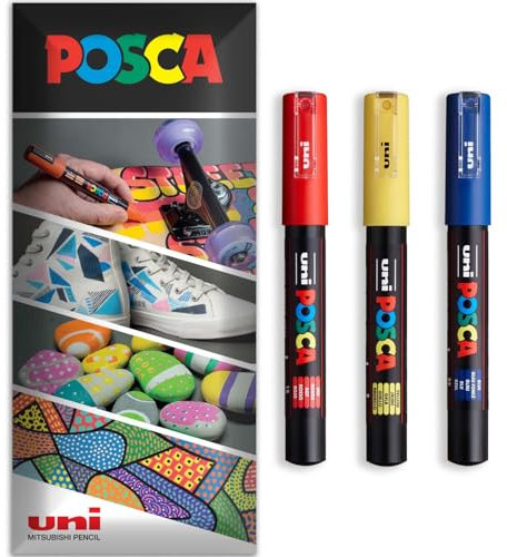 Posca - Water Based Permanent Marker Paint Pen - Multi Surface Use - PC-1M - Pack of 3 Pens in Wallet (Red, Yellow, Blue)