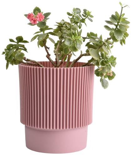 B2C Plant Pots Flower Planter 3 Colours 3 sizes Plastic Pot Modern Elegant Textured Modern Home Garden Indoor Outdoor use Convex stripes (Pink, W13cm x H16cm)