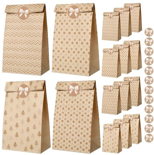 AiQInu Sacchetti Regalo, Sacchetti Carta Regalo Kraft da 12 pezzi con 12 adesivi per regali di Natale Bustine Regalo, Buste Regalo,Sacchetti Caramelle per Compleanni, Matrimoni, Feste, Halloween