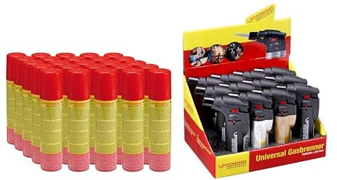 ROTHENBERGER Industrial 12x Sturmfeuerzeug und 25x Nachfüllgas 100 ml | Universalbrenner | Lötbrenner | wiederbefüllbar | Regulierbare und windsichere Flamme | schwarz, Silber, Kupfer