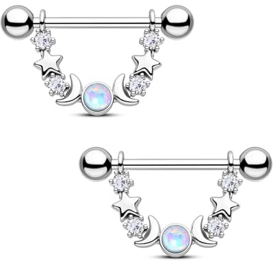 CM Crareesi Mania Mond Stern Nippelpiercing Gold Brustwarzenpiercing Silber Nippel Piercing Schmuck Edelstahl 14G Nippelringe mit Zirkonia für Damen Herren