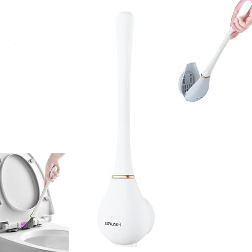 Silicone Toilet Brush,Silicone Toilet Brushes and Holder Sets with No-Slip Long Plastic Handle and Soft Flexible Bristles, Wall Mounted Rubber Bathroom Toilet Scrubber Bowl Cleaner Brushes (White)