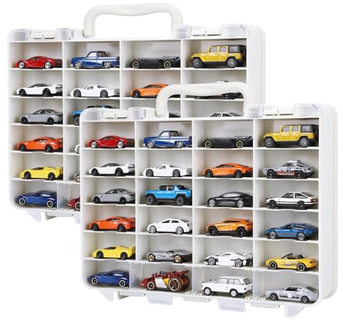 Saichotoy Storage Case for Hot Wheels, 2-Pack Carrying Display Cases, Beige | 48-Slot Double-Sided 1/64 Toy Car Storage Cases with Clear Lids, Beige Frames, Anti-Slip Steps and Adjustable Dividers