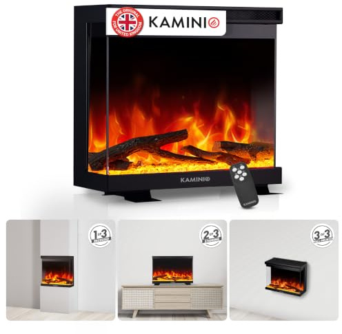 KAMINIO® Lea PRO 24 Electric fire with heater and flame effect | 3-in-1 wall mounted, inset or free standing electric fireplace, 3 sided glass, 12 LED colours, timer, remote control, black