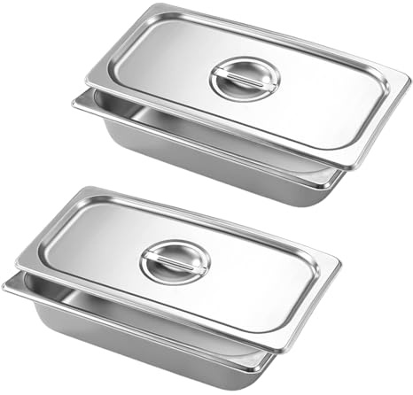 2 Stück Behälter 1/3 Edelstahl mit Deckel, Panierschalen Set 2-teilig, Gastronormbehälter Edelstahl mit deckel, 32,5 x 17,5 x 6,5 cm große Obst- und Gemüsebehälter, Metall Panierstraße rechteckig