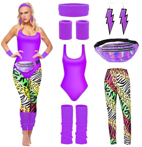 HIQE-FL 80er Jahre Accessoires Outfit Damen,Damen 80er Jahre Workout Kostüm,80er Jahre Outfit Damen 80er Jahre Accessoires,mit Bauchtasche,Stirnband, Beinwärmer,für Karneval,Fasching,Mottoparty