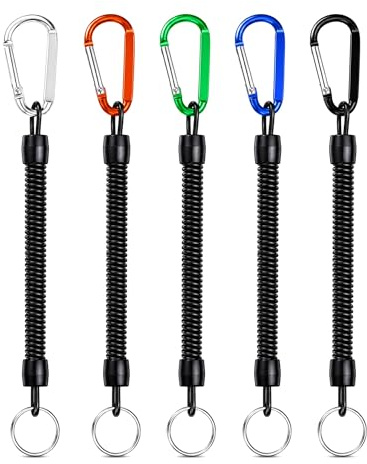 SiumPklay 5 Pcs Stretchy Spiral Keyring – Bungee Keychain with Carabiner Clip for Keys, Backpack, Fishing Gear – Durable TPU & Alloy (Black/Red/Blue/Green/Silver)