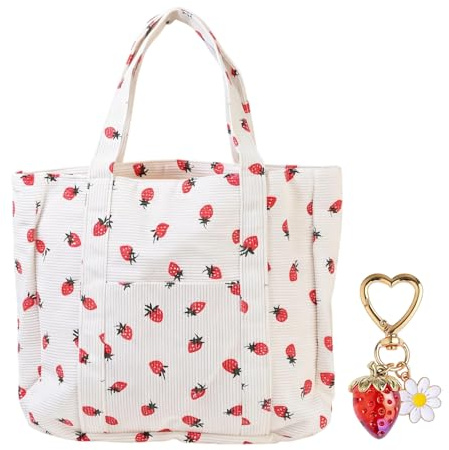 Cord Tasche Damen, Erdbeere Tote Bag Damen, Große Handtasche Cord Mit Erdbeere Taschenanhänger, Umhängetasche Mit Reißverschluss, Geeignet Für Arbeit, Büro, Reisen, Einkaufen, Schule (Off-White)