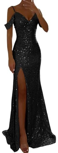 Generisch Abendkleid Damen mit Pailletten Lang Elegant - Ballkleid Gold Hochzeitsgast Kleid Figurbetontes Kleid mit Seitenschlitz und Trägerlos für Abendveranstaltungen Party