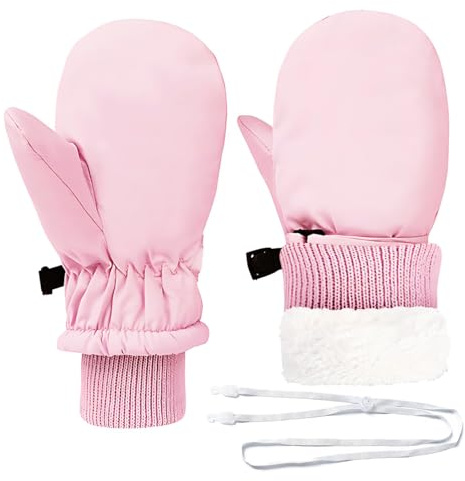 DIPZO Toddler Winter Gloves for Girls Boys, Kids Snow Mittens with Warm Fleece Lining, Adjustable Wristband, Windproof Thermal Ski Gloves for Outdoor, Pink, Ages 4-6 Years