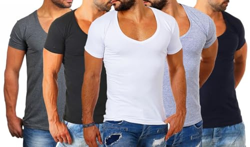 Young & Rich Herren Uni T-Shirt Basic mit extra tiefem V-Ausschnitt Slimfit deep V-Neck Stretch dehnbar 1315