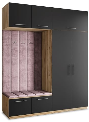 Masseno Flugarderoben Set Rema, Kleiderschrank-Set mit Sitzbank, Garderobenschrank Flur mit 5 Regalböden, Eiche Wotan/Schwarz