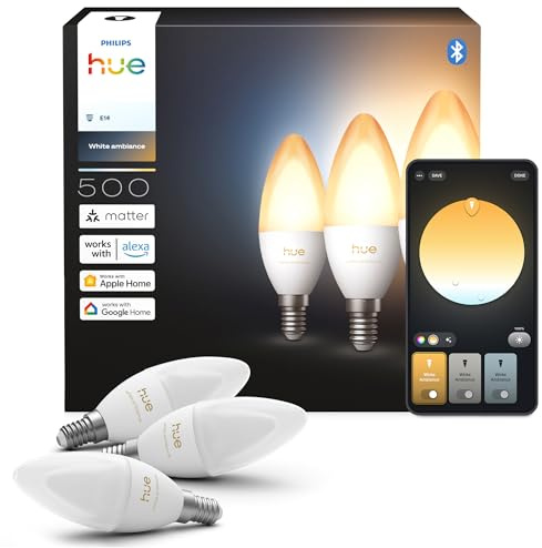 Philips Hue Smart LED-Kerzenlampe, B39, E14, 3er Pack, White Ambiance, Vollspektrumlicht 1.000 K–20.000 K, 500 lm, Extrem Niedrig Dimmbar, Alexa, Google Home, Apple Home