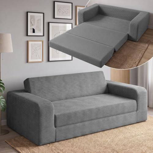 skølm Laga Schlafsofa 186x135 cm, 2-Sitzer, Cord Dunkelgrau, mit Armlehnen | Ausklappbare Schlafcouch, Klappsofa mit Schlaffunktion als Gästebett, Vollschaumsofa, vakuumverpackt, für Wohn-/Gästezimmer