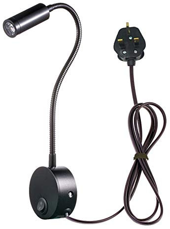 WeFoonLo 3W Wall Mounted Reading Light Flexible Gooseneck LED Sconce Lamp with Plug & Switch for Bedroom, Office, Workbench, Studio (3W Black-Cool White)