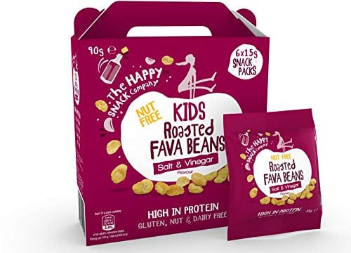 The Happy Snack Company Roasted Fava Beans, Salt and Vinegar Flavour Healthy Snacks, Lunchbox Friendly, High Protein, Low sugar, Nut and Gluten Free, Vegan, School Snacks, 15g Portion, Pack of 30