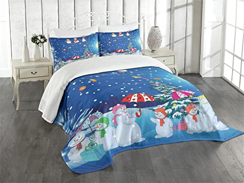 ABAKUHAUS Weihnachten Tagesdecke Set, Schneemann-Party, Set mit Kissenbezügen Waschbar, für Doppelbetten 264 x 220 cm, Kobaltblau