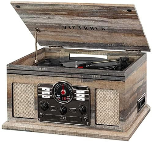 Victrola Nostalgic 6-en-1 Bluetooth Record Player & Multimedia Center with Built-in Speakers - 3-Speed Turntable, CD & Cassette Player, Am/FM Radio | Wireless Music Streaming | Farmhouse Shiplap Grey