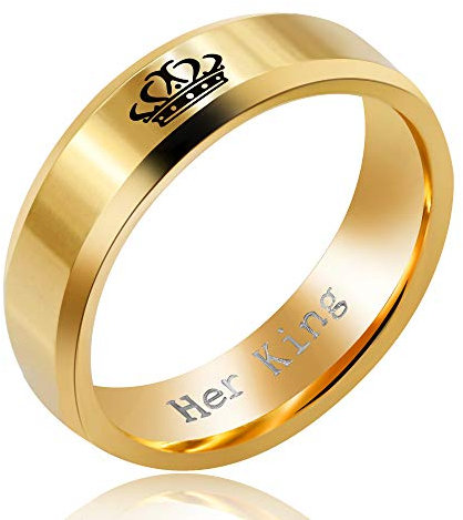 Uloveido 6mm Edelstahl Ehering Gold Ihr König Königin Hochzeit Engagement Comfort Fit Ringe für Männer SN140 (Größe 65)