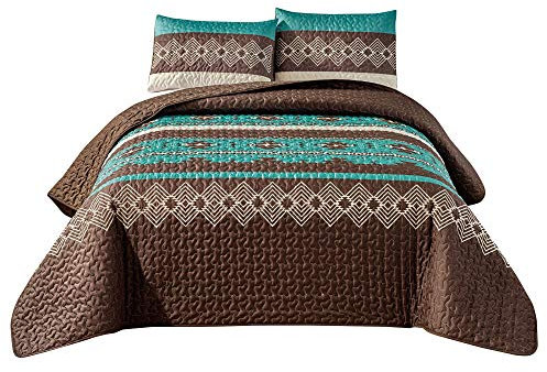 WPM WORLD PRODUCTS MART Southwest Tagesdecke, blaugrün/beige/braun, 3-teilig, Navajo/Indianer-Stammes-Design, Mikrofaser, Hüttenbett, Queen-Size-Größe, Southwestern Bedding Makala (Queen)