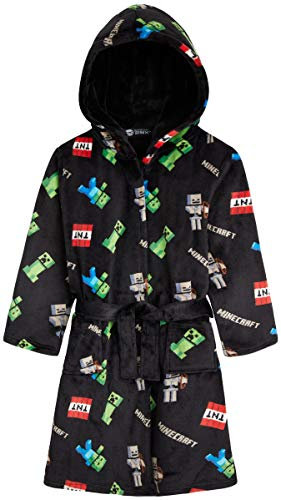 Minecraft Robe de Chambre Enfant, Peignoir en Polaire Enfant Ado 5-14 Ans (9-10 ans, Noir)