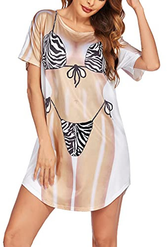 Ekouaer Strandkleider Damen Sommer T-Shirt mit Bikini Aufdruck Kurz Beachwear Damen Tunika Beachkleider Luftig Kurzarm, Schwarz, M