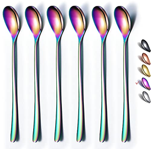 Homquen Stainless Steel Latte Spoons, Long Handle Coffee Spoons Teaspoons Set of 6, 7.8''/19.8cm Mixing Stirring Spoon, Ideal for Latte Coffee, Espresso, Iced Tea, Cool Drinking (Rainbow Colors)
