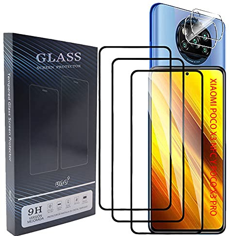 UNO' Protector De Pantalla y Cámara Compatible con Xiaomi Poco X3 NFC/X3 Pro, [3+2 Unidades] Cristal Templado 9H Ultra Resistente con Definición HD, Antiarañazos y Sin Burbujas.