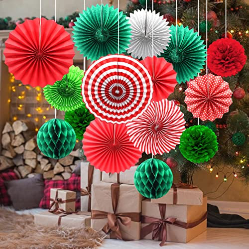 Paper Christmas Decorations - Honeycomb Balls, Pom Poms, Flower Fans for Xmas Winter Home Ceiling Wall Decor