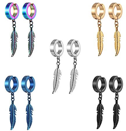 Bo Win 5 Paare Set Edelstahl Silber Ohrringe Clips für Herren Damen, Ohrringe Feder Gold , Herren Ohrclips Damen Ohne Ohrlöcher, Ohrklemme Schwarz Ohrringe Creolen mit Anhänger Gold Herren Damen 14MM