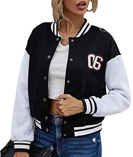 Yassiglia Damen Baseball Jacke Frauen College Jacke Mädchen Wintermantel Warm Kurze Vintage Bomberjacke Ladies Sweat Jacket Sweatjacke für Frauen Herbst Frühling (Schwarz, Small)